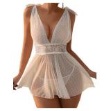 Lilosy Sexy Polka Dots Mesh Sheer Babydoll Chemise Lingerie Set Floral Lace Sleep Wear Women Deep V Slip Night Dress Nighty Negligee Gown With Thong 2 Piece White Medium