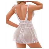 Lilosy Sexy Polka Dots Mesh Sheer Babydoll Chemise Lingerie Set Floral Lace Sleep Wear Women Deep V Slip Night Dress Nighty Negligee Gown With Thong 2 Piece White Medium
