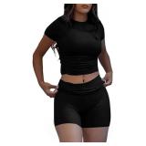 ZFLM Casual Workout Two Piece Outfits for Women Short Sleeve Crop High Waist Foldover Shorts Tracksuit Sets Streetwear, M