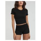 ZFLM Casual Workout Two Piece Outfits for Women Short Sleeve Crop High Waist Foldover Shorts Tracksuit Sets Streetwear, M