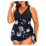 Daci White Floral Plus Size Swim Dress - One Piece Swimsuits Tummy Control Bathing Suits Flowy Asymmetrical Swimwear with Bottom 18W
