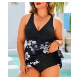 Daci White Floral Plus Size Swim Dress - One Piece Swimsuits Tummy Control Bathing Suits Flowy Asymmetrical Swimwear with Bottom 18W
