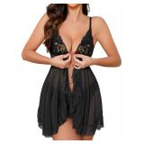 Foxiny Sexy Open Front V Neck Ruffle Sheer Mesh Lace Wireless Babydoll Lingerie Dress with Thong 2 Piece Women See Through Panty Set Chemise Negligee Hook Black Small