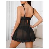 Foxiny Sexy Open Front V Neck Ruffle Sheer Mesh Lace Wireless Babydoll Lingerie Dress with Thong 2 Piece Women See Through Panty Set Chemise Negligee Hook Black Small
