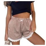 Aoulaydo Boxer Shorts for Women Gingham Pajama 2025 Summer Casual Lounge Lace Trim Shorts Y2K Beach Bottoms, Medium