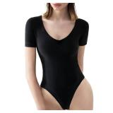 PUMIEY Bodysuit for Women V Neck Short Sleeve Body Suits Jet Black Medium