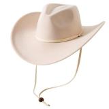 Lanzom Women Men Retro Felt Wide Brim Western Cowboy Cowgirl Hat Dress Up Hat with Wind Lanyard (Beige,Medium-Large)