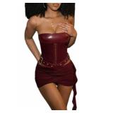LXUAMR Sexy Two Piece Outfits for Women Off the Shoulder Leather Tube Top High Waist Ruched Mini Skirt Set Vacation Outfits Size- Medium