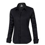 siliteelon Womens Classic-Fit Dress Shirts Long Sleeve Button Down Wrinkle-Free Stretch Solid Casual Work Office Blouse Top Black Medium