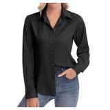 siliteelon Womens Classic-Fit Dress Shirts Long Sleeve Button Down Wrinkle-Free Stretch Solid Casual Work Office Blouse Top Black Medium