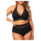Tempt Me Women Plus Size Bikini High Waisted Swimsuits Mesh Tummy Control Two Piece Bathing Suit Black 16 Plus