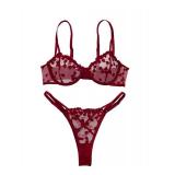 Lilosy Sexy Cute Underwire Push Up Strappy Heart Embroidered Mesh Sheer Lingerie Set for Women Bachelorette See Through Bra and Panty 2 Piece Burgundy Red X-Large