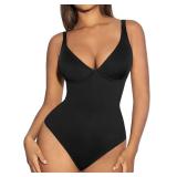 FeelinGirl Black Bodysuits for Women Tummy Control Thong Shape Wear Body Suit Sexy V Neck Body Suit Corset Top, XL