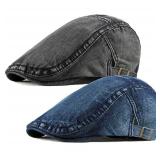2 Pack Mens Denim Cotton Newsboy Cap Ivy Gatsby Driving Hunting Cabbie Hats (C)
