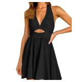 Inorin Womens Summer Sleeveless Halter V Neck Backless Cut Out Sexy Casual Party Swing Flared Mini Dress Black Size- Small