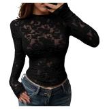 BTFBM Mesh Long Sleeve Tops for Women Lace Sexy Sheer See Through Crew Neck Tight Shirt Fall 2025 Party Club Outfits(Black, Small)