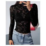 BTFBM Mesh Long Sleeve Tops for Women Lace Sexy Sheer See Through Crew Neck Tight Shirt Fall 2025 Party Club Outfits(Black, Small)