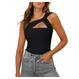 REORIA Womens Sexy One Shoulder Asymmetrical Tank Top Leopard Print Mesh Ruched Sleeveless Backless Trendy Going Out Thong Bodysuits Tops Black Medium