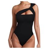 REORIA Womens Sexy One Shoulder Asymmetrical Tank Top Leopard Print Mesh Ruched Sleeveless Backless Trendy Going Out Thong Bodysuits Tops Black Medium