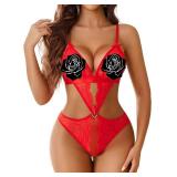 Avidlove Women Lingerie Lace Bodysuit Teddy Deep V Neck One Piece Babydoll Red S