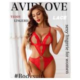 Avidlove Women Lingerie Lace Bodysuit Teddy Deep V Neck One Piece Babydoll Red S