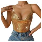 Womens Sexy Metallic Sequins Halter Crop Top Deep V Neck Backless Vest Shirt Clubwear Rave Outfit Gold,XS