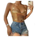 Womens Sexy Metallic Sequins Halter Crop Top Deep V Neck Backless Vest Shirt Clubwear Rave Outfit Gold,XS