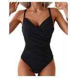 B2prity One Piece Swimsuit Tummy Control Criss Cross Bathing Suit Slimming Ruched Swim Suit Push Up V Neck Swimwear Black, Large