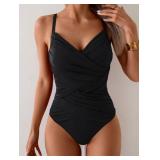 B2prity One Piece Swimsuit Tummy Control Criss Cross Bathing Suit Slimming Ruched Swim Suit Push Up V Neck Swimwear Black, Large