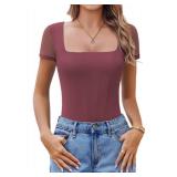 Avidlove Womens Bodysuit Square Neck Mesh Short Sleeve One Piece Seamless Body Suits Tshirt (Purple Red, S)