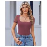 Avidlove Womens Bodysuit Square Neck Mesh Short Sleeve One Piece Seamless Body Suits Tshirt (Purple Red, S)