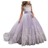 Princess Lilac Long Girls Pageant Dresses Kids Prom Puffy Tulle Ball Gown (White, 4)