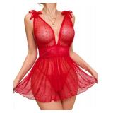 Lilosy Sexy Polka Dots Mesh Sheer Babydoll Chemise Lingerie Set Floral Lace Sleep Wear Women Deep V Slip Night Dress Nighty Negligee Gown With Thong 2 Piece Bright Red Large