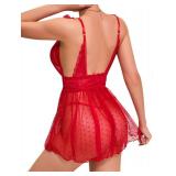Lilosy Sexy Polka Dots Mesh Sheer Babydoll Chemise Lingerie Set Floral Lace Sleep Wear Women Deep V Slip Night Dress Nighty Negligee Gown With Thong 2 Piece Bright Red Large