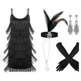 Zhanmai 6 Pcs Flapper Dress Flapper Costumes for Women 1920s Accessories Set Headband Pearl Necklace Earrings Gloves Stick(Large ,Black)