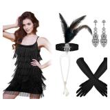 Zhanmai 6 Pcs Flapper Dress Flapper Costumes for Women 1920s Accessories Set Headband Pearl Necklace Earrings Gloves Stick(Large ,Black)