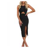oten Cutout Tank Dresses for Women Sleeveless Bodycon Crewneck High Split Club Ribbed Midi Dress Black Small