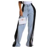 Angsuttc Womens Jeans with Patchwork Stripes High Waisted Stretchy Denim Color Block Straight Wide Leg Trendy Jean, M