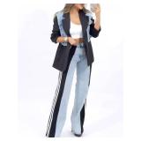 Angsuttc Womens Jeans with Patchwork Stripes High Waisted Stretchy Denim Color Block Straight Wide Leg Trendy Jean, M