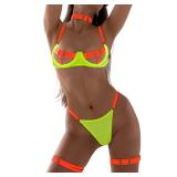 Kaei&Shi Sexy Bra And Panty Sets,Glow In The Dark Blacklight Choker Lingerie For Women,Underwire Strappy Thong Sheer Matching 4 Piece Sexy Lingerie Set Petite Boudoir Neon Orange And Green X-Small