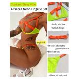 Kaei&Shi Sexy Bra And Panty Sets,Glow In The Dark Blacklight Choker Lingerie For Women,Underwire Strappy Thong Sheer Matching 4 Piece Sexy Lingerie Set Petite Boudoir Neon Orange And Green X-Small