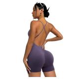 MOOSLOVER Women Strappy Backless Jumpsuits Tummy Control Bodycon Yoga Romper One Piece Workout Jumpsuit Shorts(M,#1 Purple)
