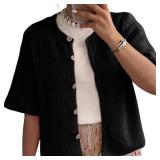 Womens Button Up Short Sleeve Cardigans Sweater Cropped Lightweight Round Neck Elegant Knit Tops with Pockets (Dark Black, XL)