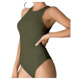 MANGDIUP Womens Basic Sleeveless Crewneck Bodysuits Slim Fit Stretch Cotton Tank Tops Halter Jumpsuits (7029 Army Green XX-Large)