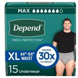 Depend Fresh Protection Adult Diapers, Incontinence Underwear for Men, Disposable, Maximum, Extra-Large, Grey, 15 Count, Packaging May Vary