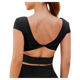 DaiLiWei Open Back Workout Tops for Women Short Sleeve Longline Sports Bras Support Crop Tank Yoga Shirts with Built in Bra Black Size- M