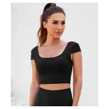 DaiLiWei Open Back Workout Tops for Women Short Sleeve Longline Sports Bras Support Crop Tank Yoga Shirts with Built in Bra Black Size- M
