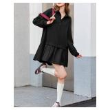 Fisoew Womens Oversized Sweatshirt Dress Long Sleeve V Neck Patchwork Casual Pullover Tops Loose Fit Mini Dresses Black, Medium