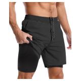 Aolesy Mens 2 in 1 Running Shorts 7 Inch Quick Dry Workout Gym Shorts with Pockets Tennis Training Athletic Shorts with Liner for Men Black, L