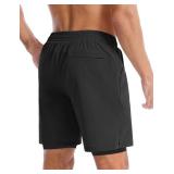 Aolesy Mens 2 in 1 Running Shorts 7 Inch Quick Dry Workout Gym Shorts with Pockets Tennis Training Athletic Shorts with Liner for Men Black, L